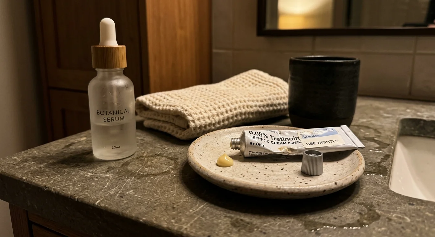 A tube of tretinoin cream, a dollop of product on a ceramic dish, a serum bottle, and a towel on a bathroom counter.