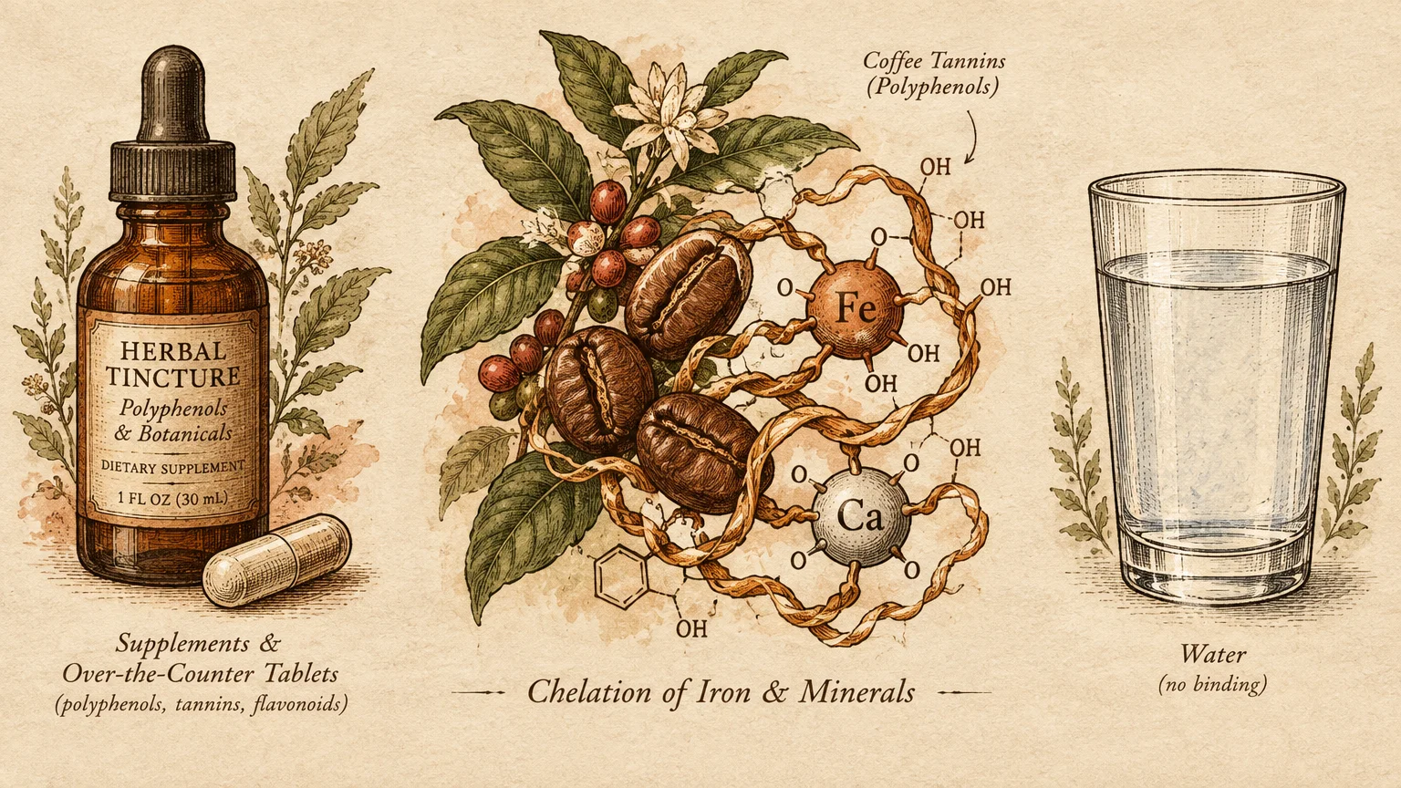 Botanical illustration of an herbal tincture bottle, coffee beans chelating iron and calcium, and a glass of water.