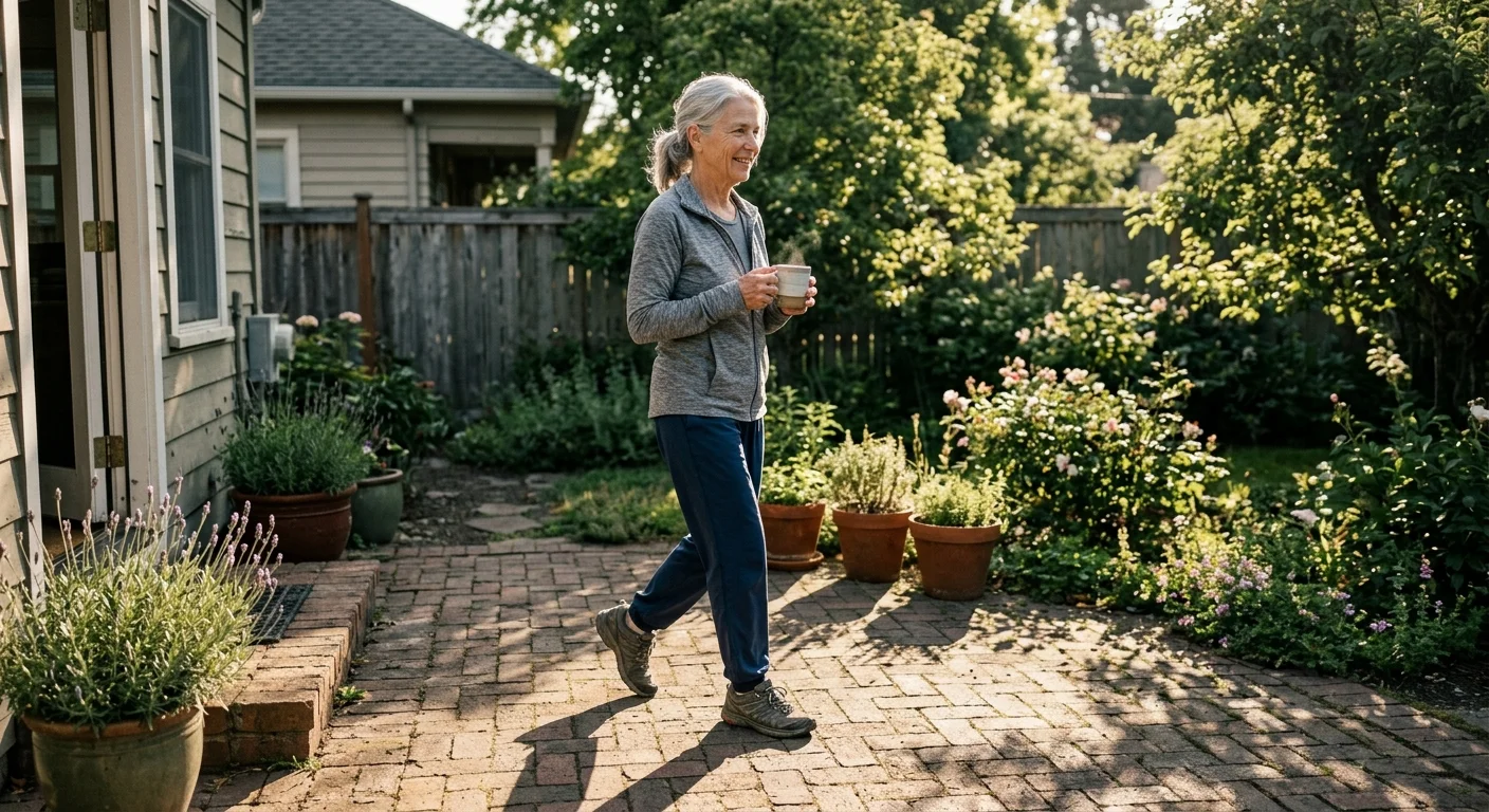 A smiling older woman holding a steaming mug walks across a brick patio in a sunny backyard garden.