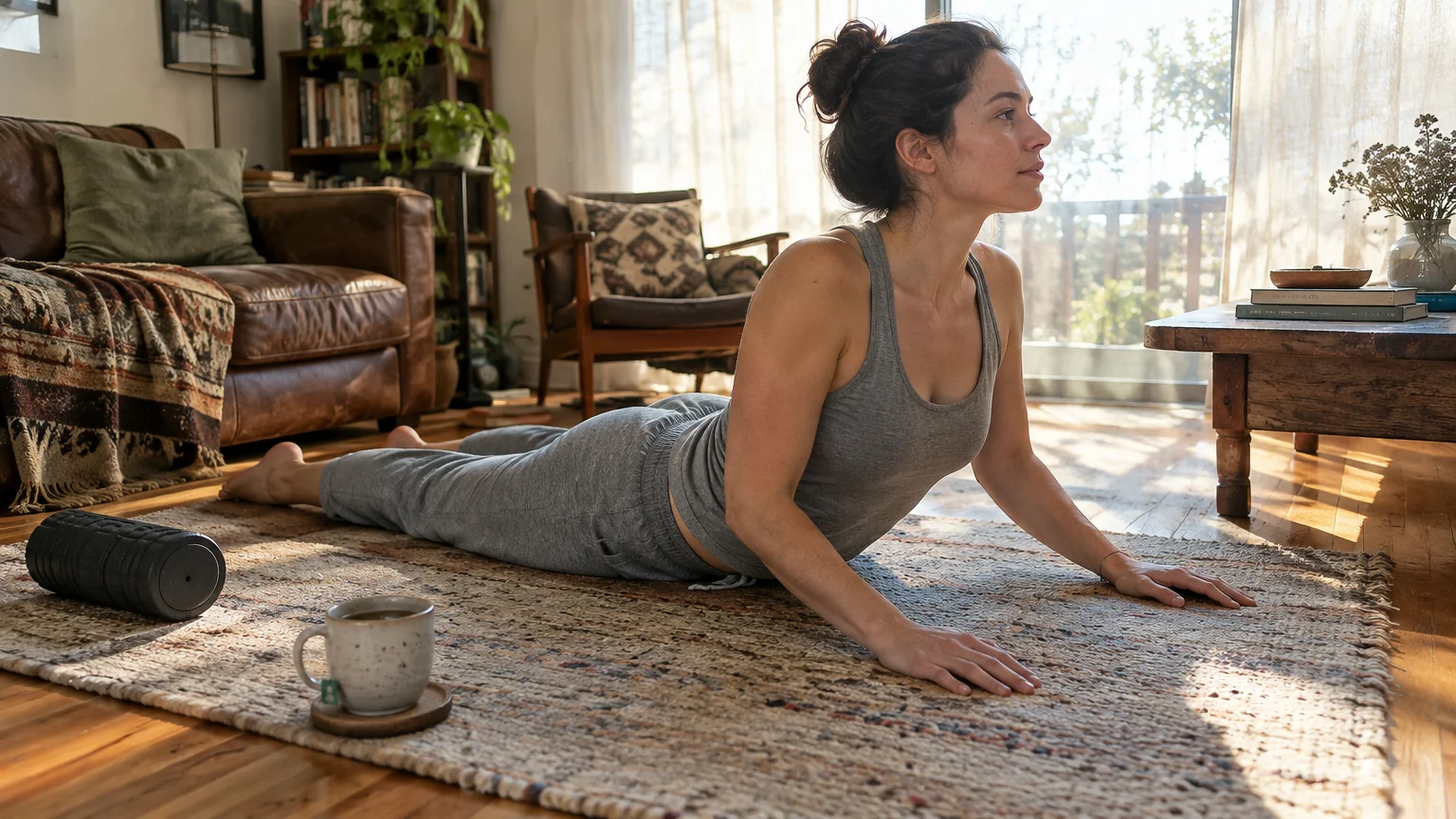 A woman in gray loungewear performs a gentle prone back stretch on a living room rug beside a tea mug and foam roller.