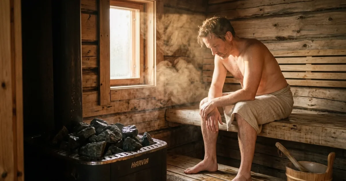 A man wrapped in a towel sits on a wooden bench inside a steamy rustic sauna beside a hot stone stove.