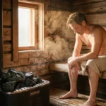 A man wrapped in a towel sits on a wooden bench inside a steamy rustic sauna beside a hot stone stove.