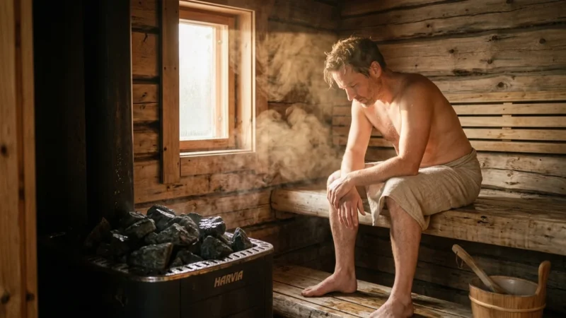 A man wrapped in a towel sits on a wooden bench inside a steamy rustic sauna beside a hot stone stove.