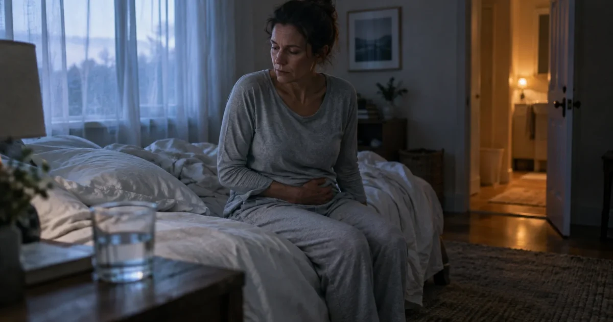 A woman in grey pajamas sits on the edge of an unmade bed with one hand pressed against her lower abdomen.