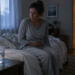 A woman in grey pajamas sits on the edge of an unmade bed with one hand pressed against her lower abdomen.