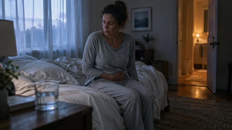 A woman in grey pajamas sits on the edge of an unmade bed with one hand pressed against her lower abdomen.