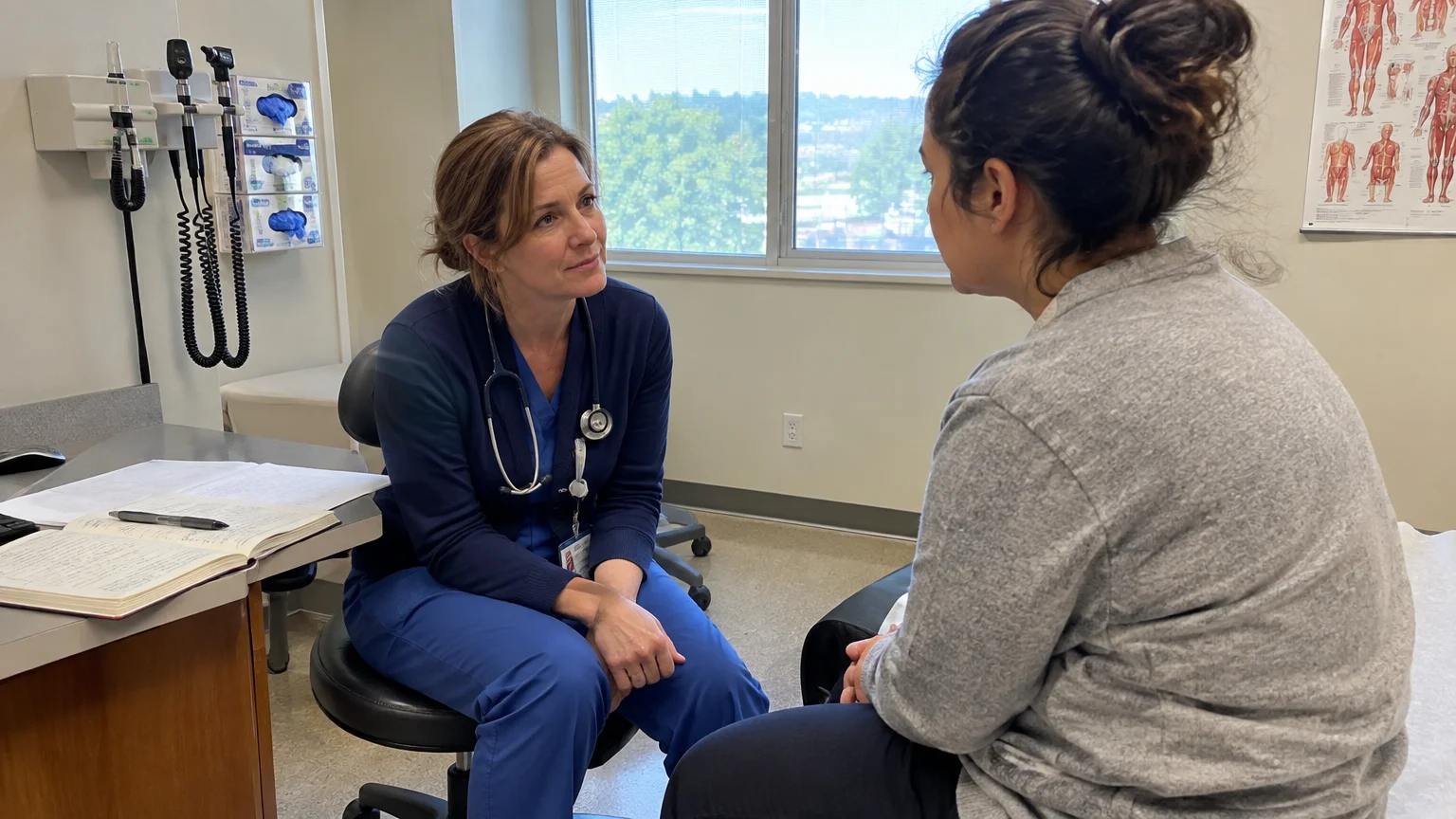 A doctor in blue scrubs and a stethoscope sits on a stool talking to a patient in an examination room.
