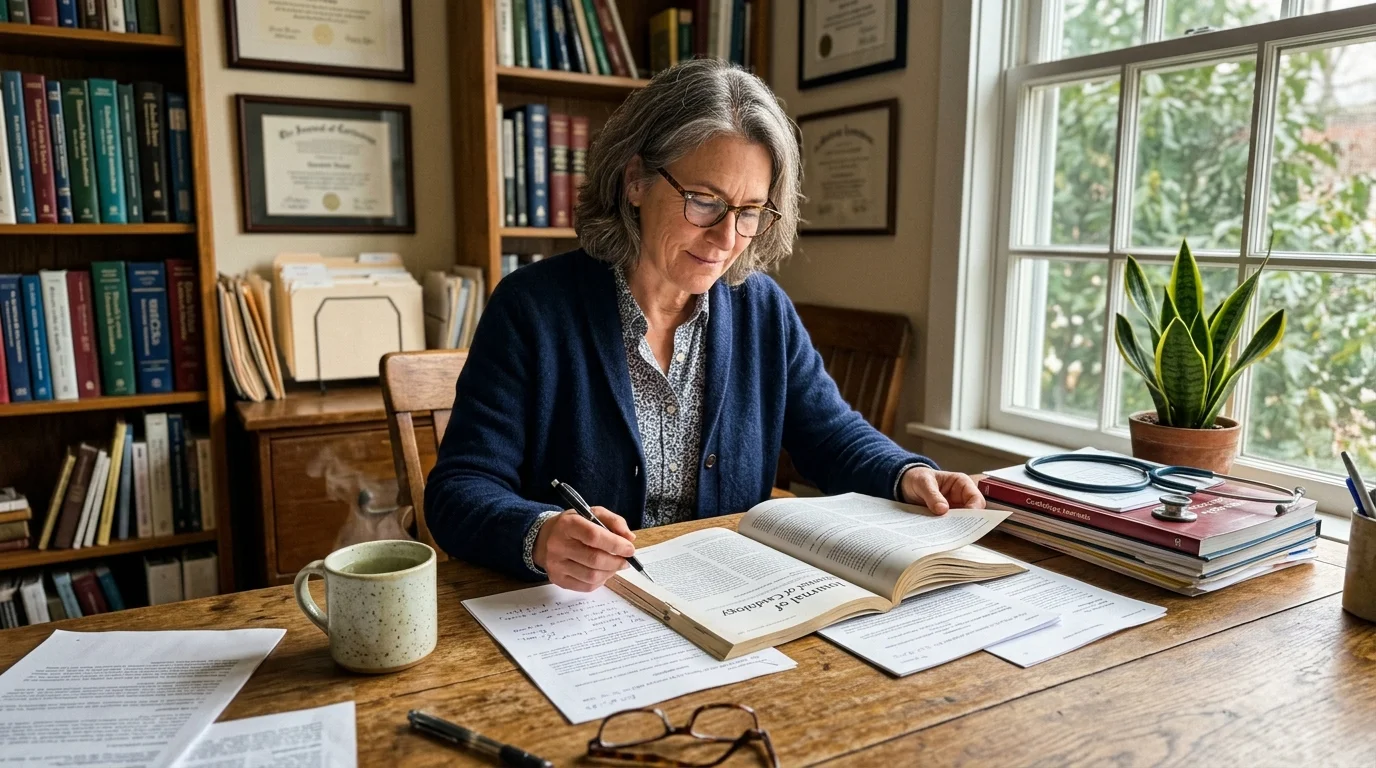 Woman sitting at a wooden desk in an office with bookshelves, reading an open medical book beside a stethoscope.