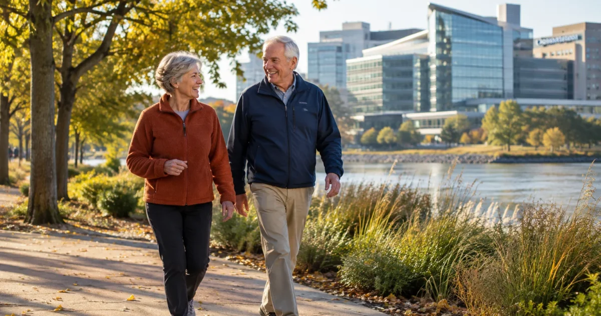 Senior couple walking along a paved waterfront path in autumn with modern glass city buildings in the background.
