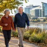 Senior couple walking along a paved waterfront path in autumn with modern glass city buildings in the background.