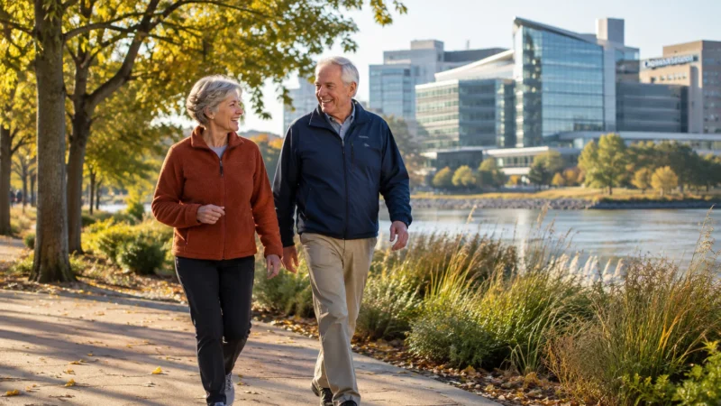 Senior couple walking along a paved waterfront path in autumn with modern glass city buildings in the background.