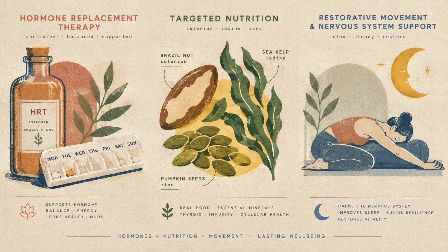 Three panels illustrating hormone replacement therapy, nutrient-rich foods, and restorative movement for wellness.