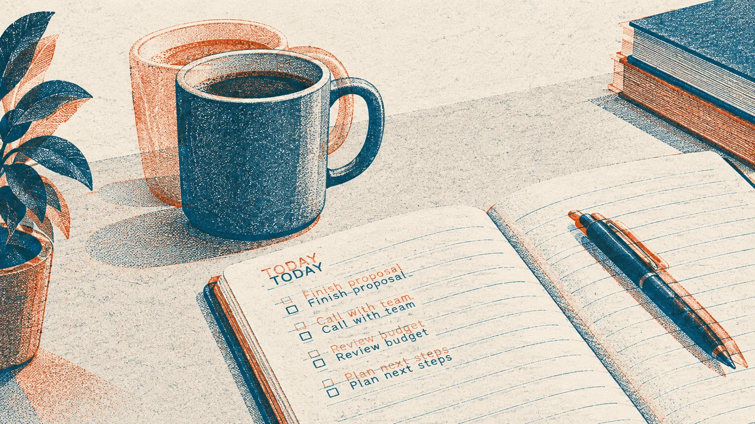 Illustration of a desk with a coffee mug, notebook, and pen shown with overlapping double-vision ghost images.