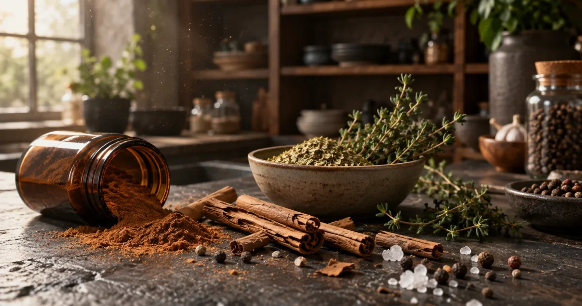 Cinnamon sticks, salt crystals, fresh herbs, and spilled spice powder on a rustic dark kitchen counter.