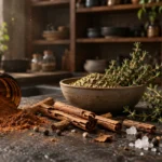 Cinnamon sticks, salt crystals, fresh herbs, and spilled spice powder on a rustic dark kitchen counter.