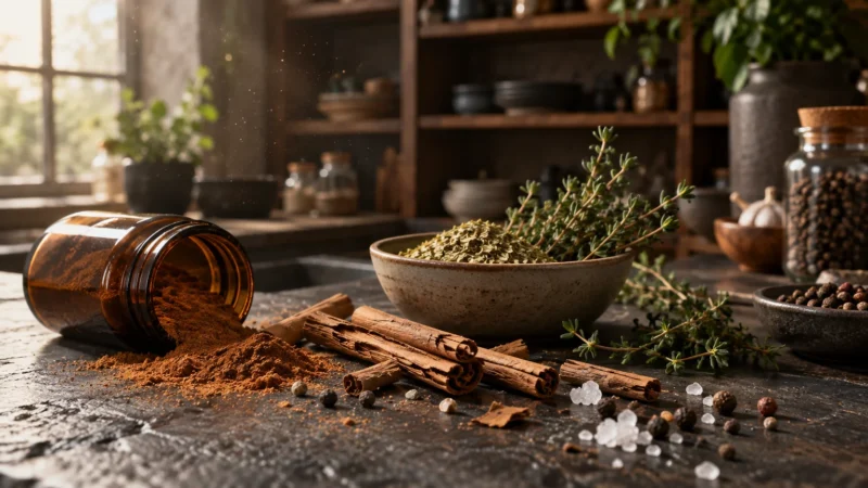 Cinnamon sticks, salt crystals, fresh herbs, and spilled spice powder on a rustic dark kitchen counter.