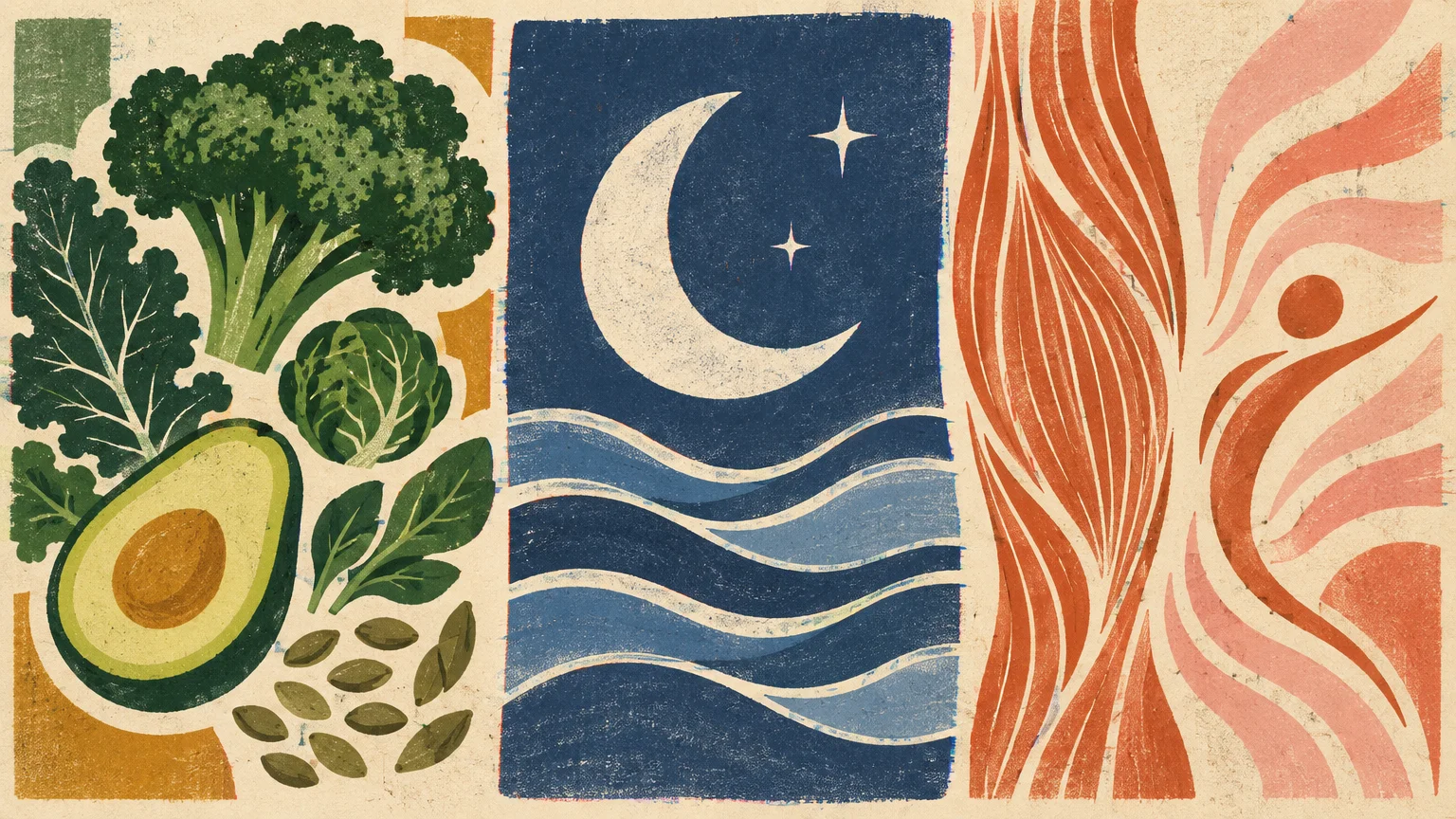 Stylized panels illustrating green vegetables, an avocado, seeds, a crescent moon with waves, and flowing figures.