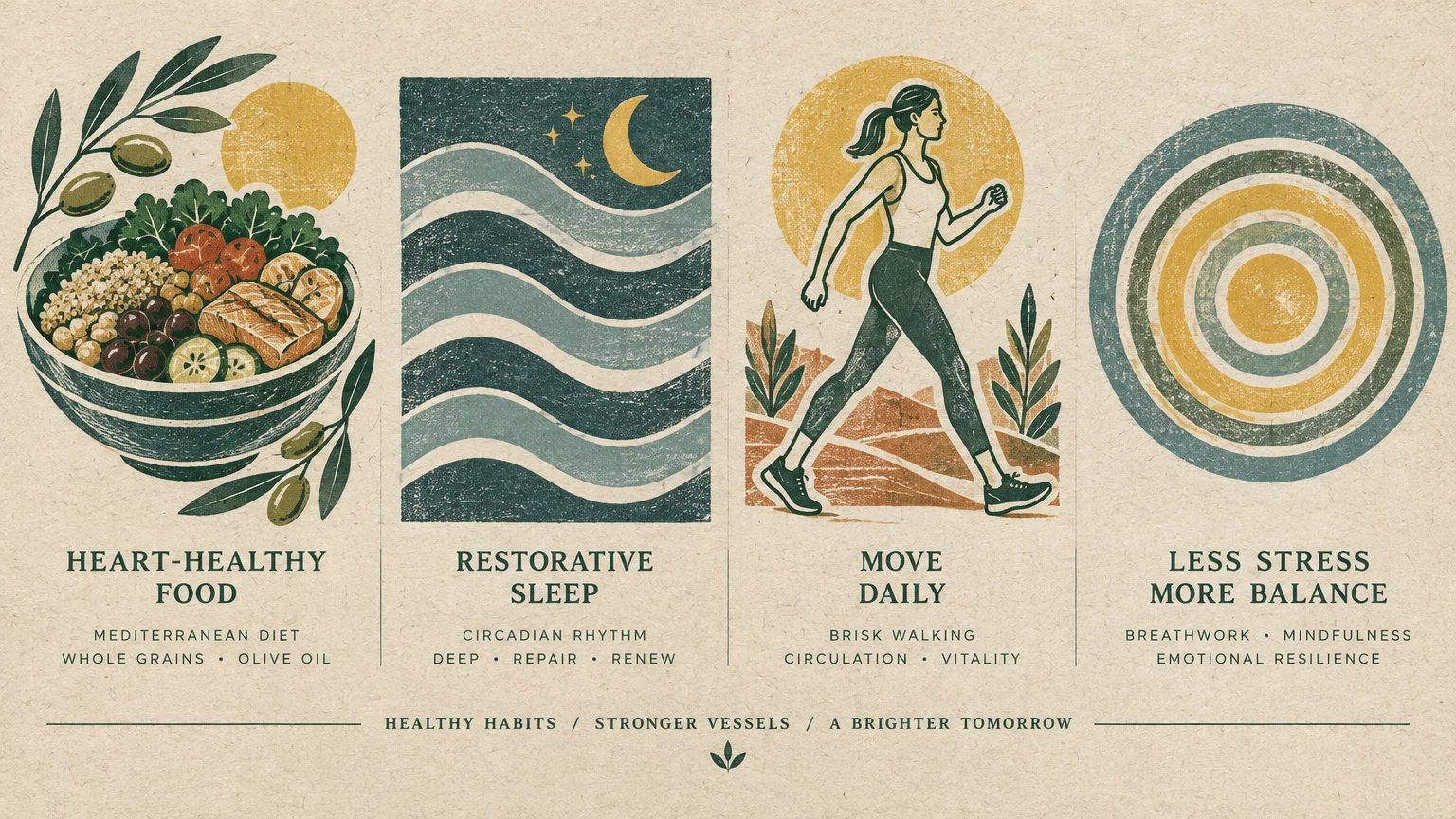 Four illustrated panels depicting healthy food, sleep waves, a woman walking outdoors, and concentric circles.