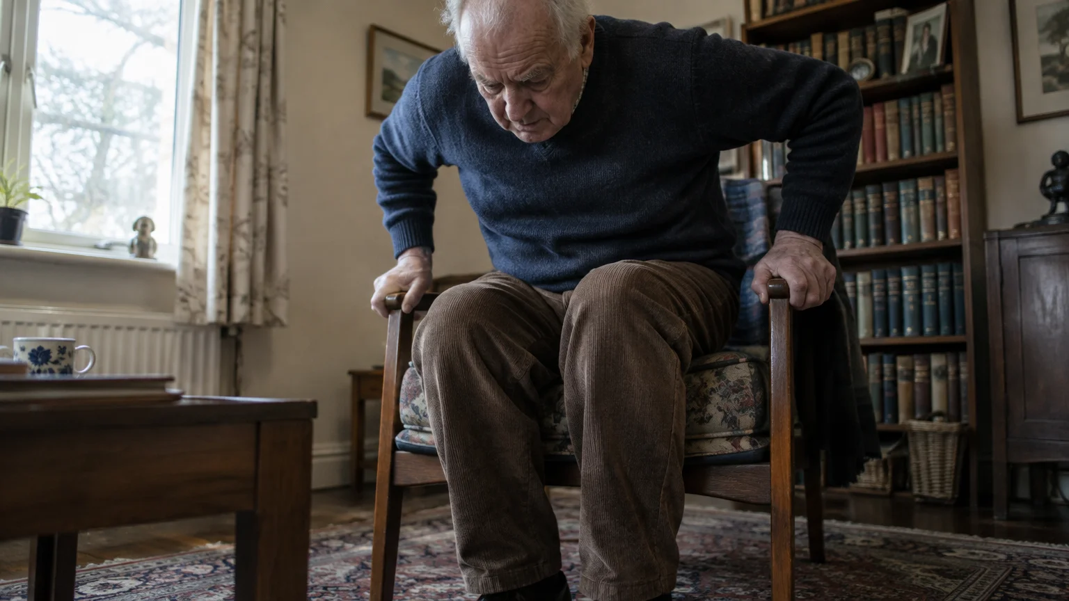 An older man wearing a blue sweater and corduroy pants pushes up from an armchair in a living room.