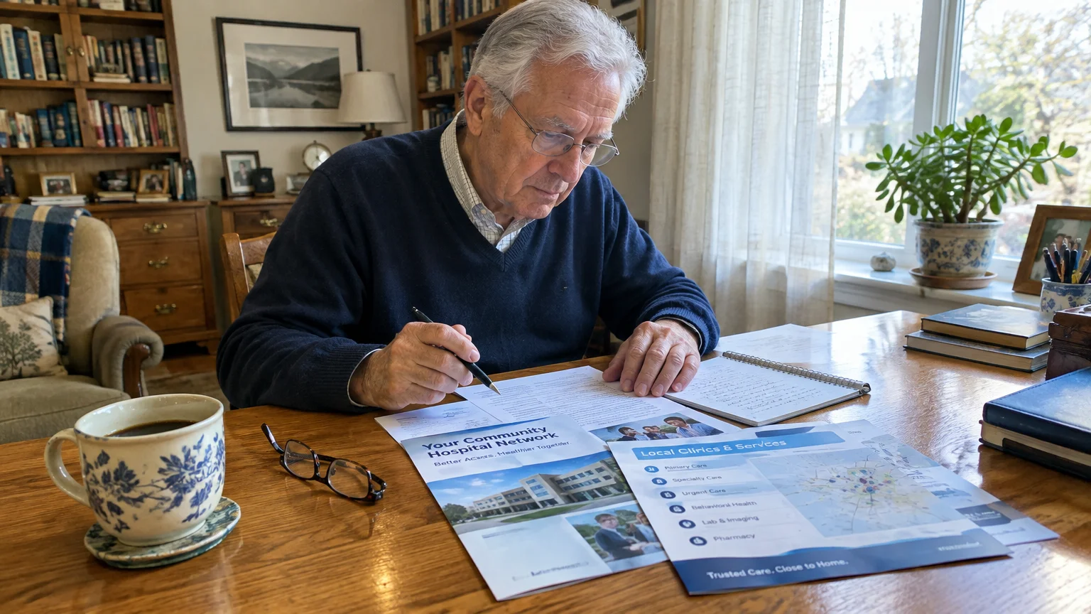Senior man in glasses sitting at a desk reviewing community hospital network and local clinic brochures with a pen.
