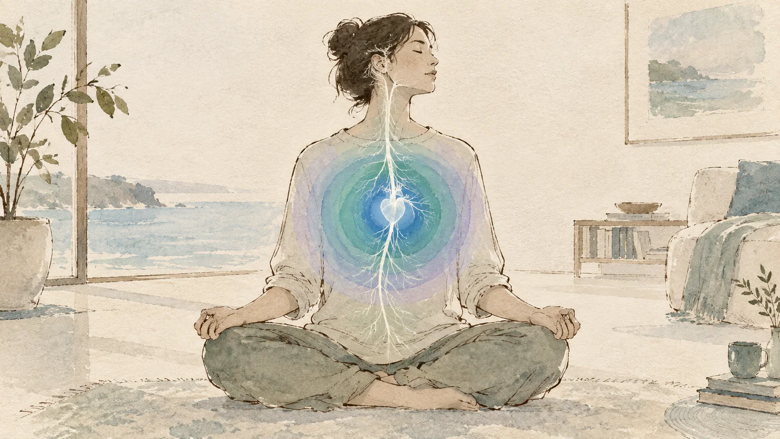 Watercolor illustration of a woman meditating cross-legged with an illuminated nervous system and heart outline.