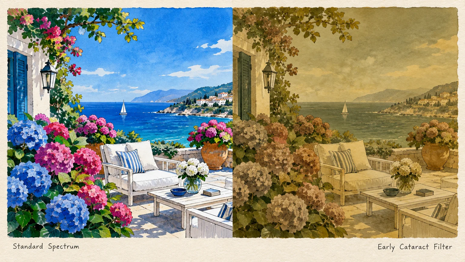 Side-by-side comparison of a seaside patio in vibrant standard color versus a yellow-brown early cataract filter.