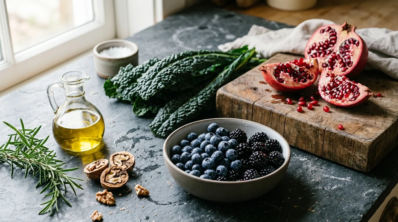 Fresh kale, berries in a bowl, cut pomegranates on a cutting board, walnuts, rosemary, and olive oil on a dark counter.