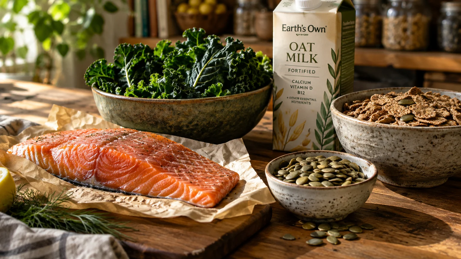 Raw salmon fillet, kale, fortified oat milk carton, pumpkin seeds, and cereal flakes arranged on a wooden table.