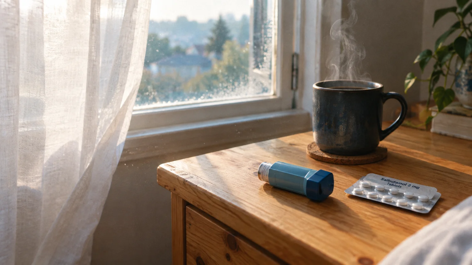 A steaming mug of coffee sits on a wooden bedside table beside an asthma inhaler and blister packs of salbutamol tablets.