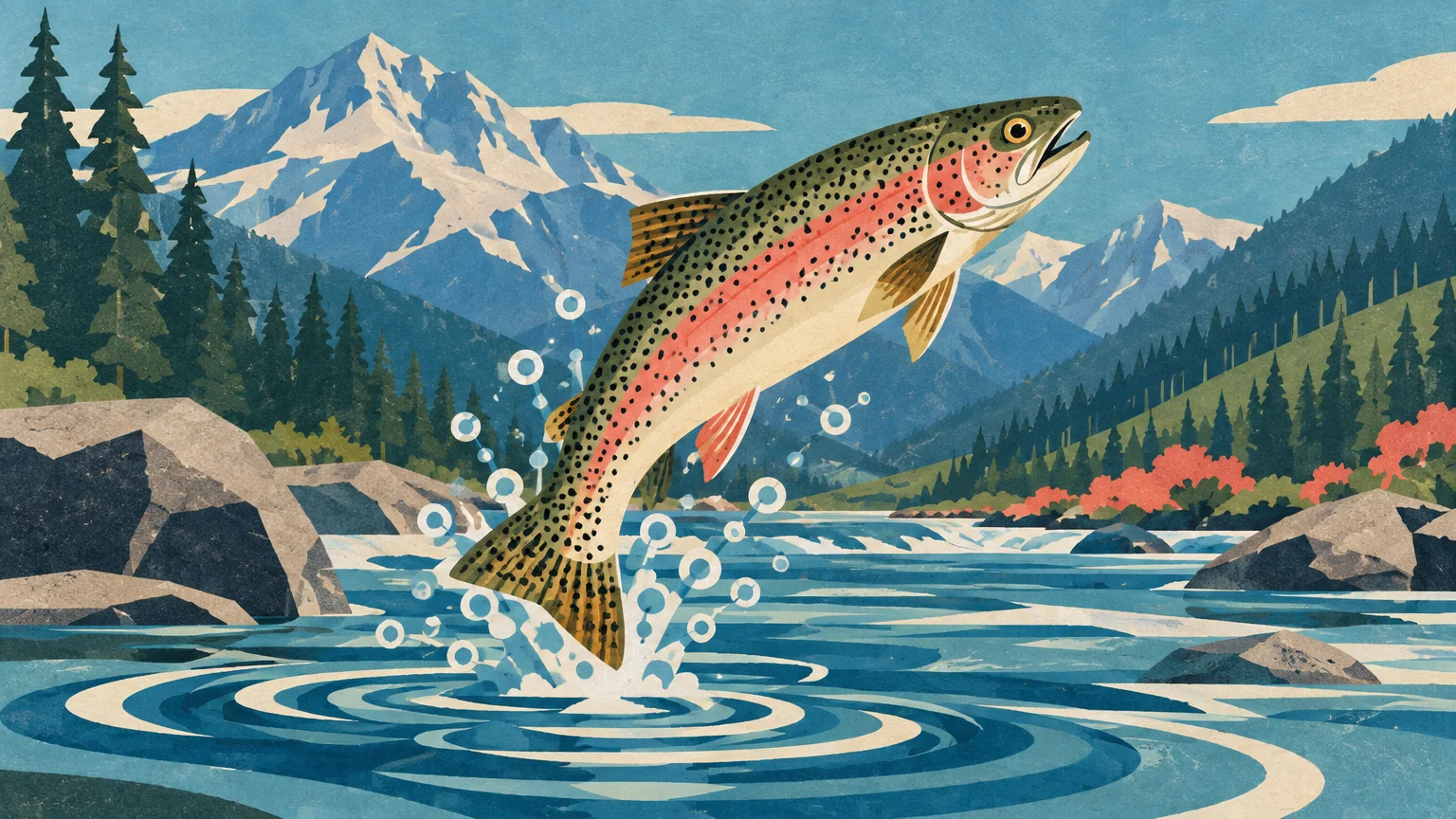 Illustration of a rainbow trout leaping out of a river, with snow-capped mountains and pine forests in the background.