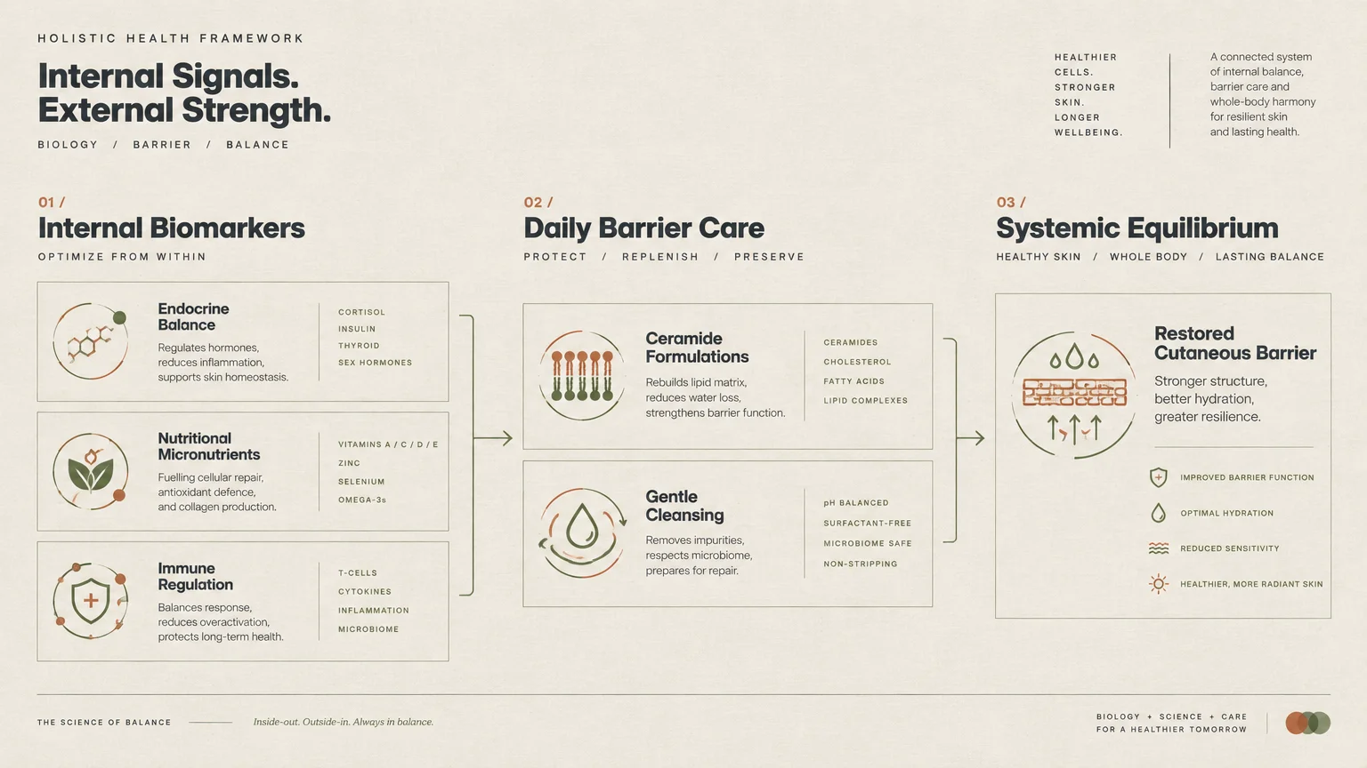 Diagram outlining a three-step framework from internal biomarkers to daily barrier care, resulting in systemic equilibrium.