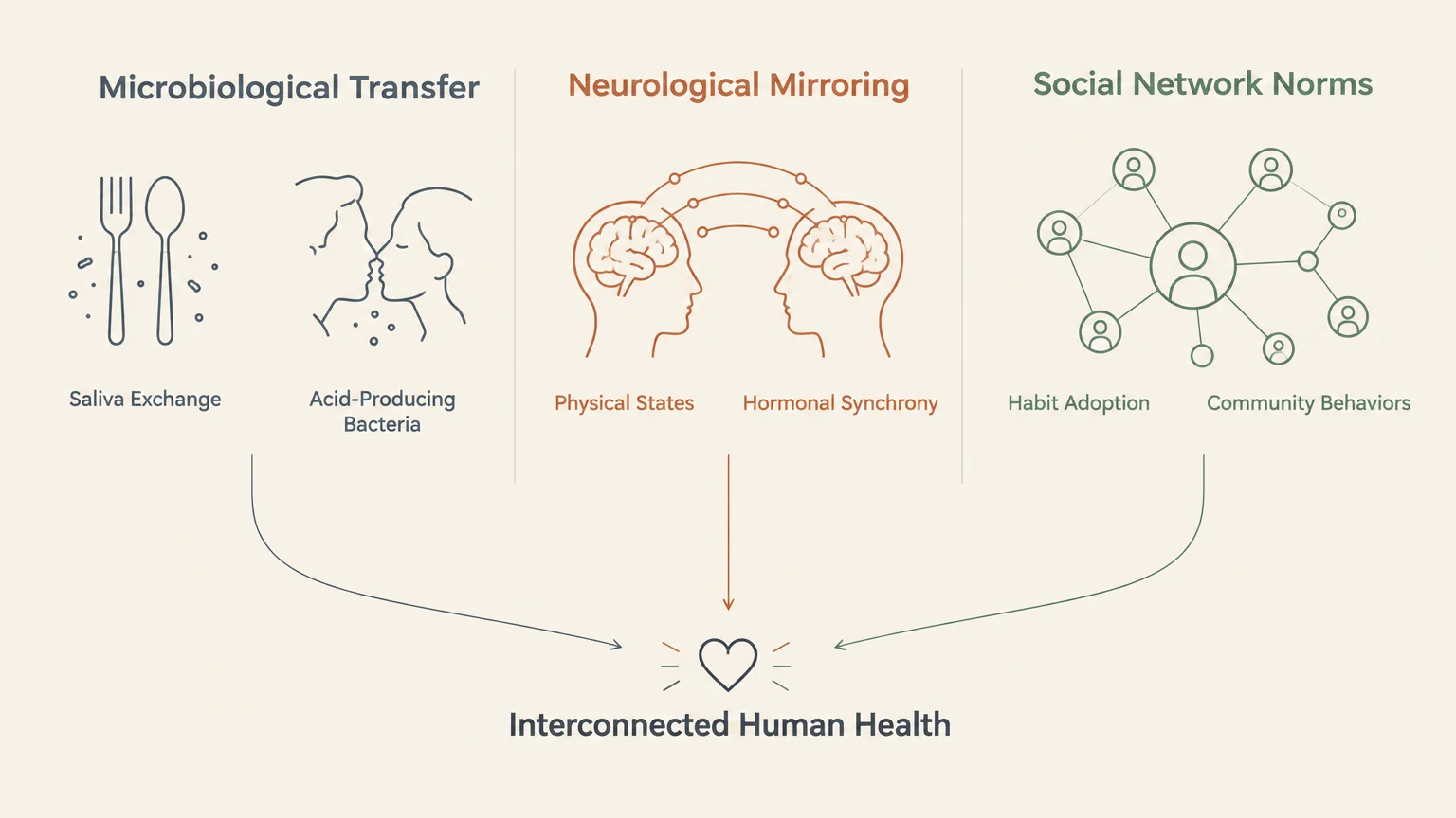 Diagram illustrating microbiological transfer, neurological mirroring, and social network norms leading to interconnected health.