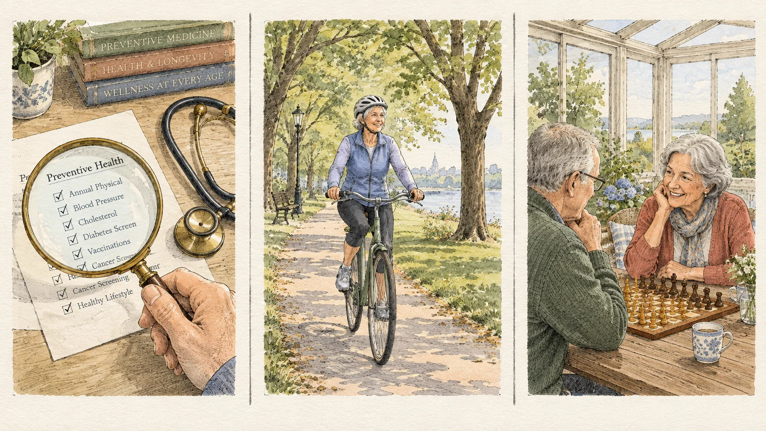 Triptych of a preventive health checklist, a senior woman cycling in a park, and an older couple playing chess.