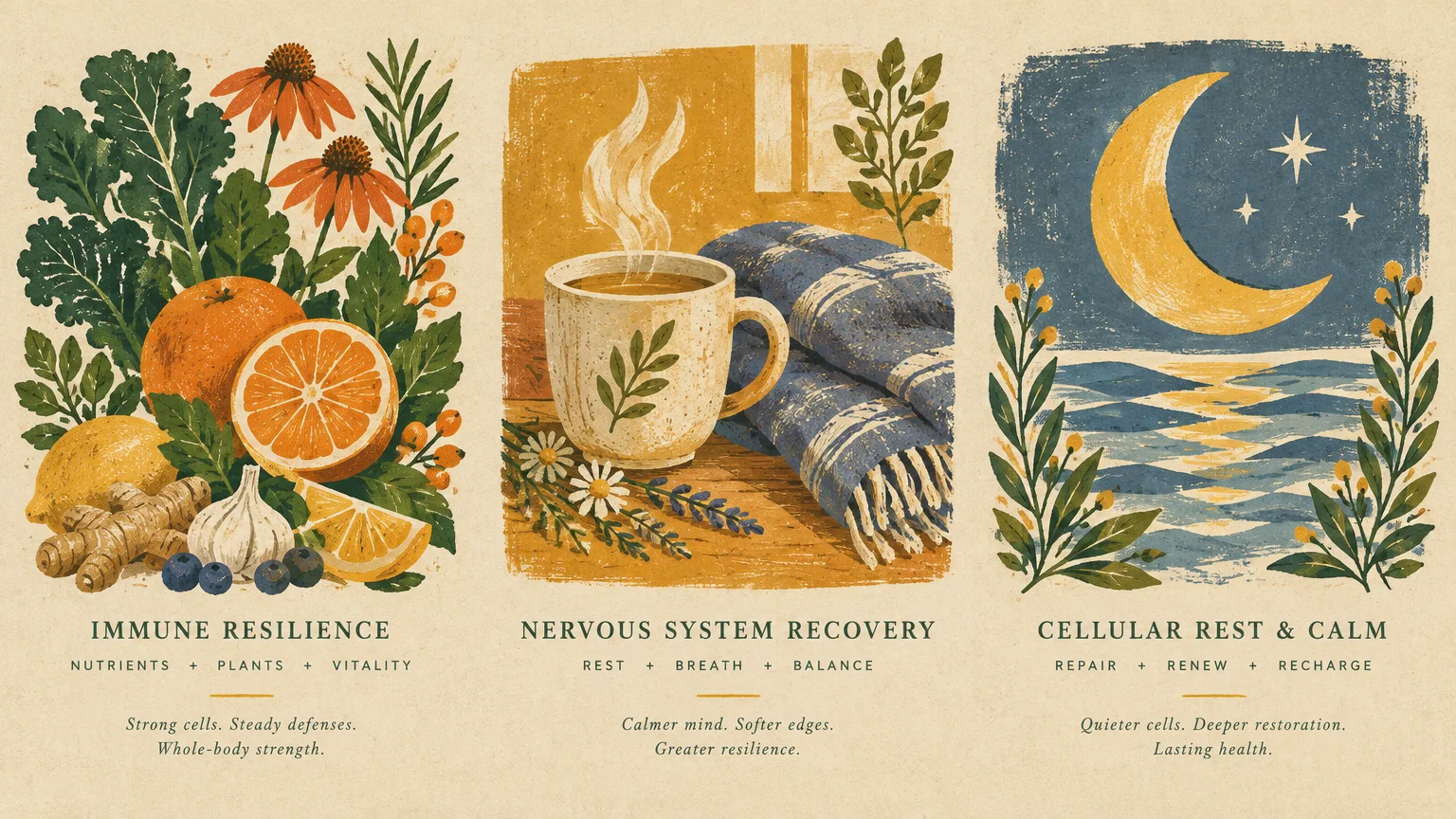 Three-panel illustration showing immune resilience with citrus and herbs, nervous system recovery with tea, and cellular rest.