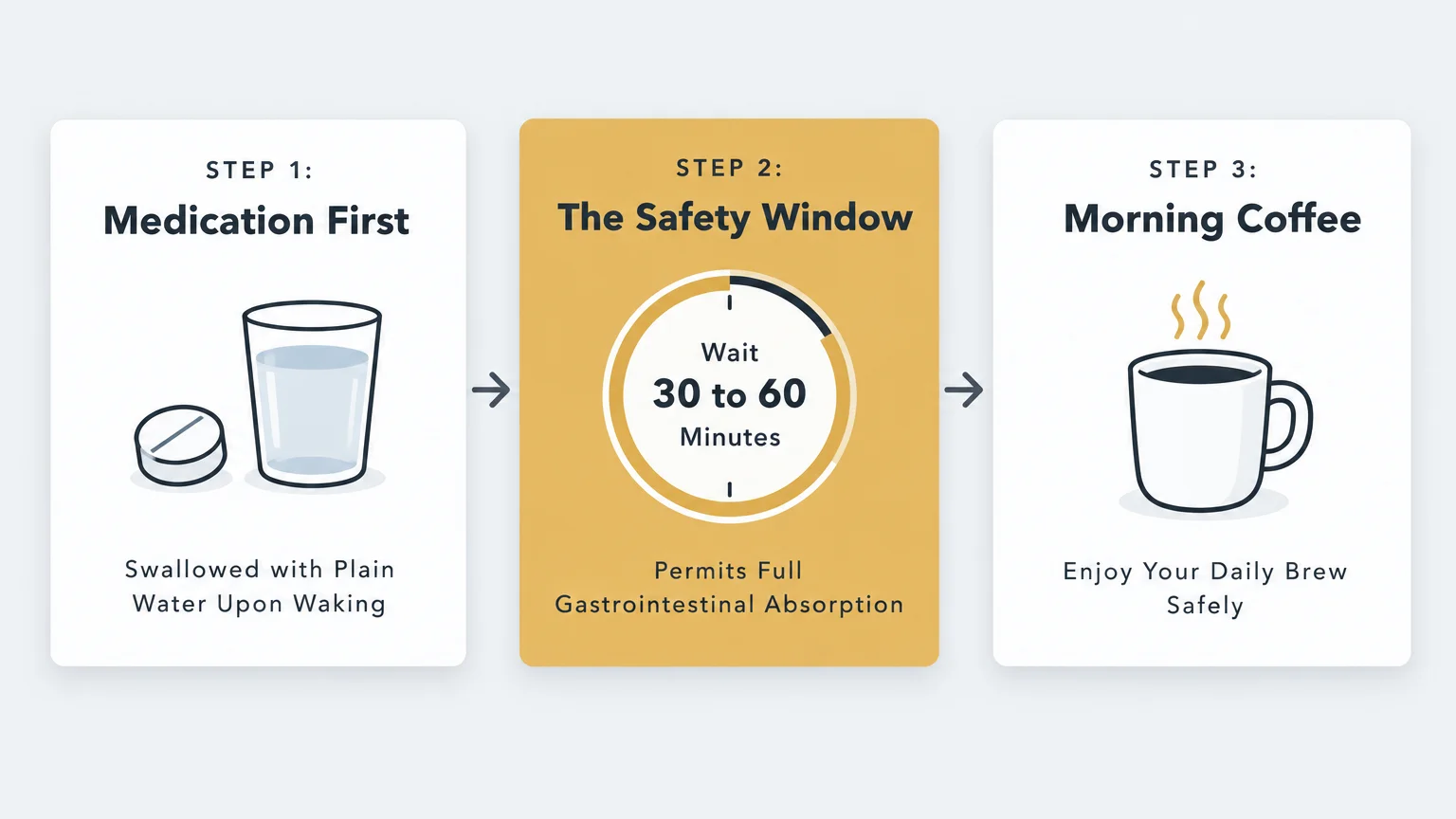 Diagram outlining three steps: medication with water, a 30 to 60 minute safety window, and morning coffee.