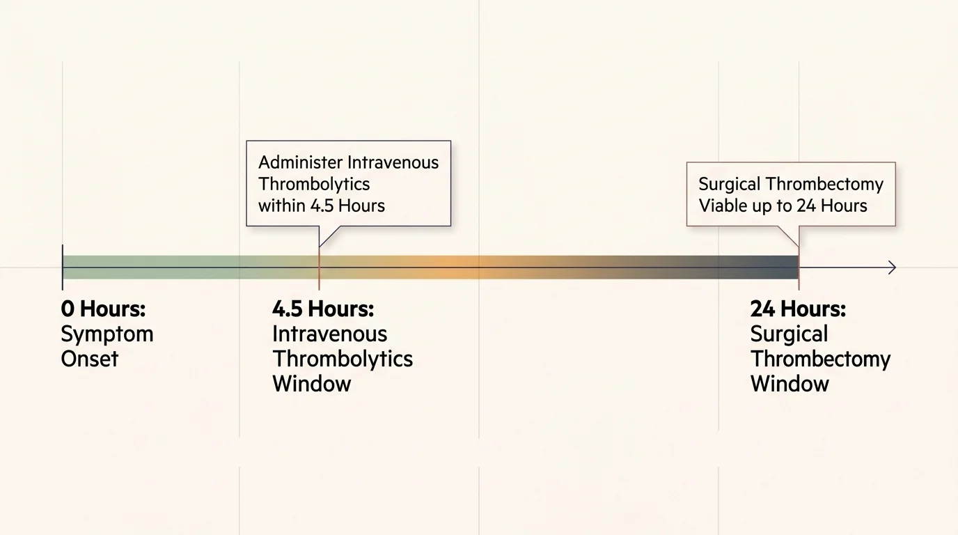 Timeline diagram marking symptom onset at 0 hours, an intravenous thrombolytics window at 4.5 hours, and thrombectomy at 24.