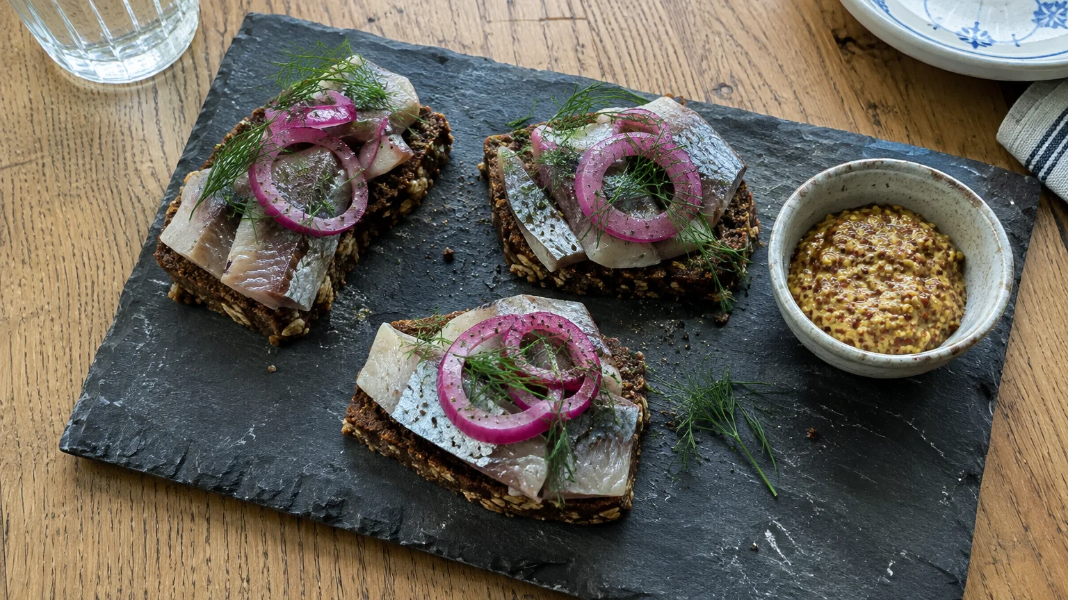 Three open-faced sandwiches with pickled herring, red onion, and dill on dark bread, served on slate beside whole-grain mustard.