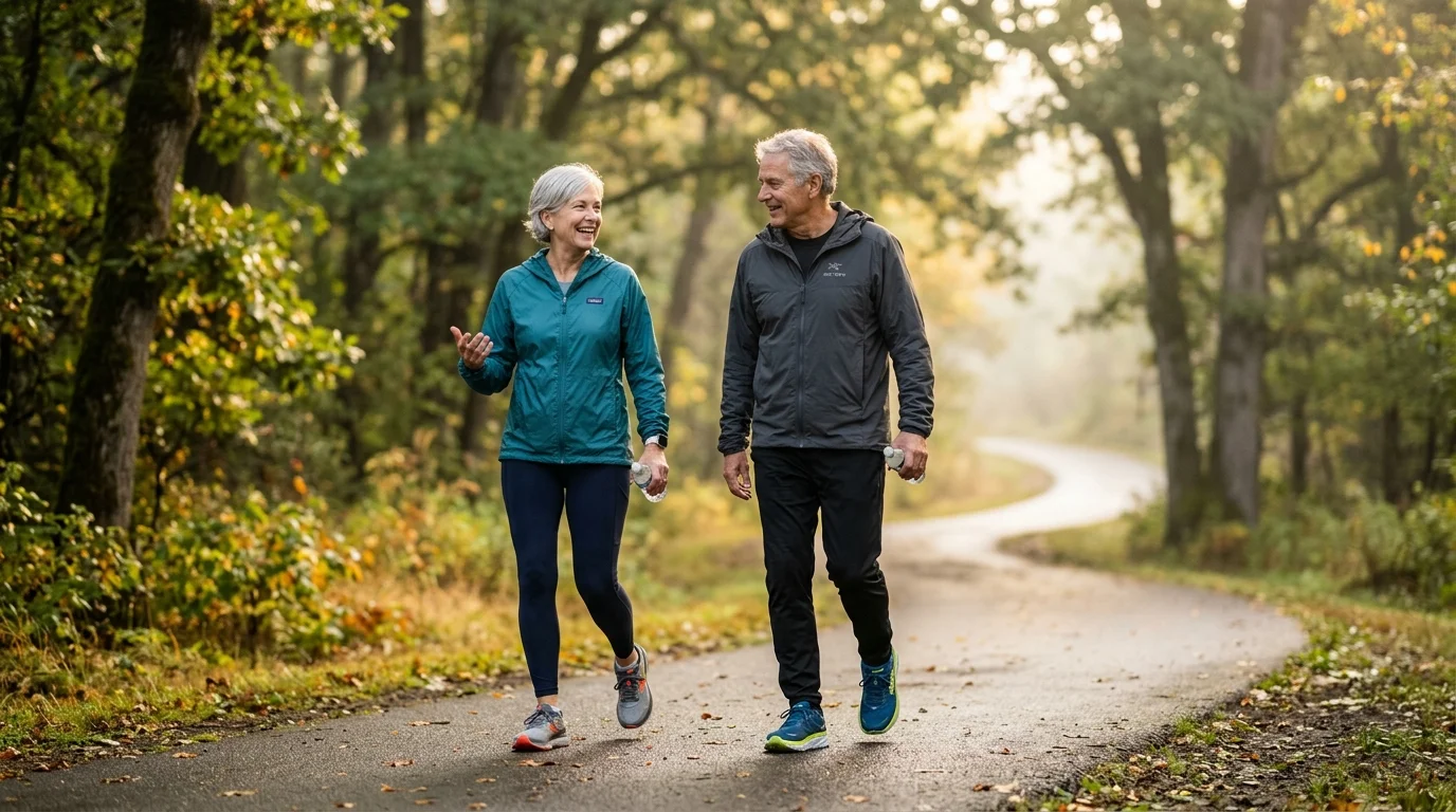 Older man and woman briskly walking and talking together on a paved curving pathway through a lush, sunlit park.