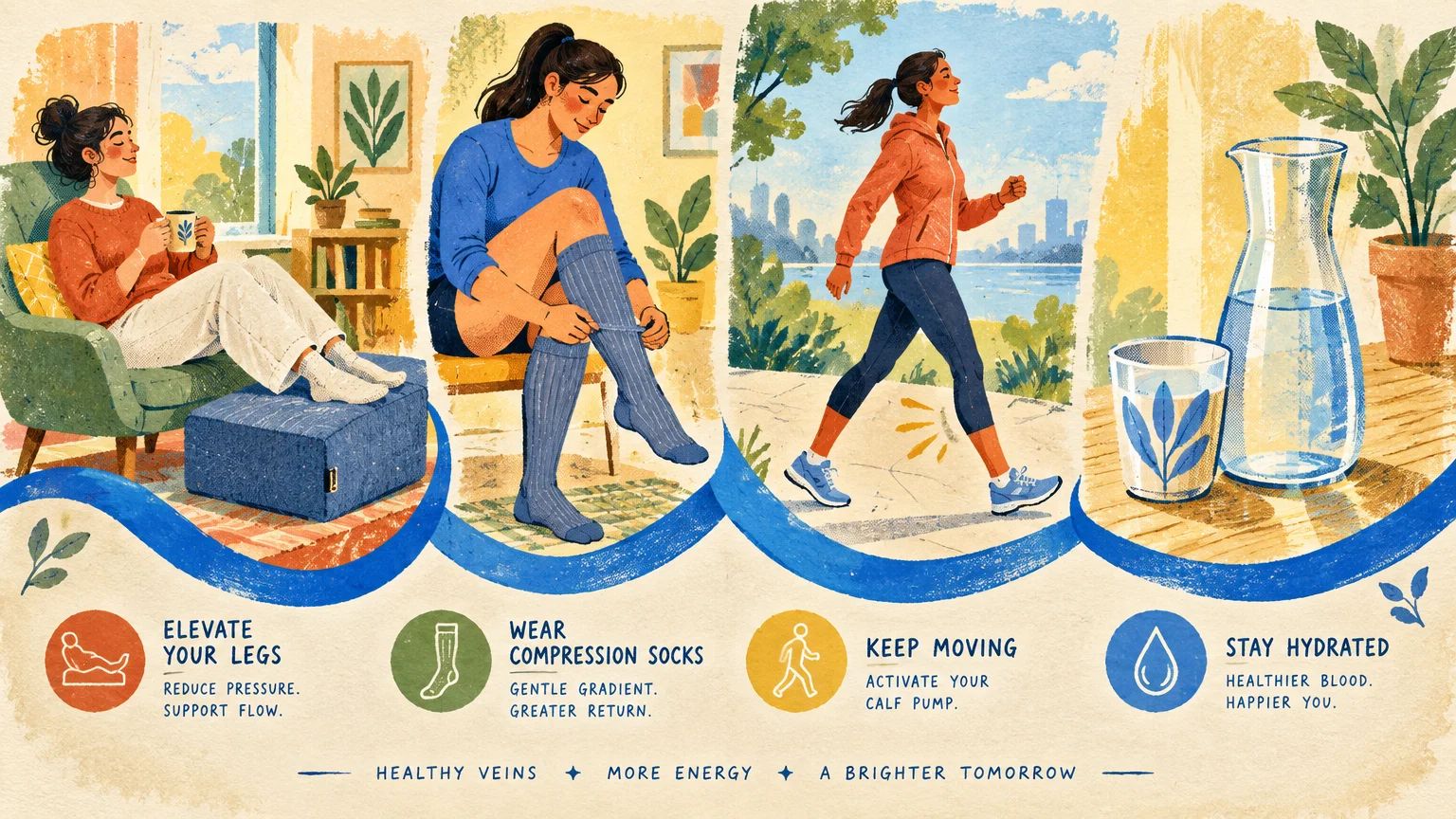 Four-panel illustration showing leg elevation, compression socks, outdoor walking, and water hydration for circulation.