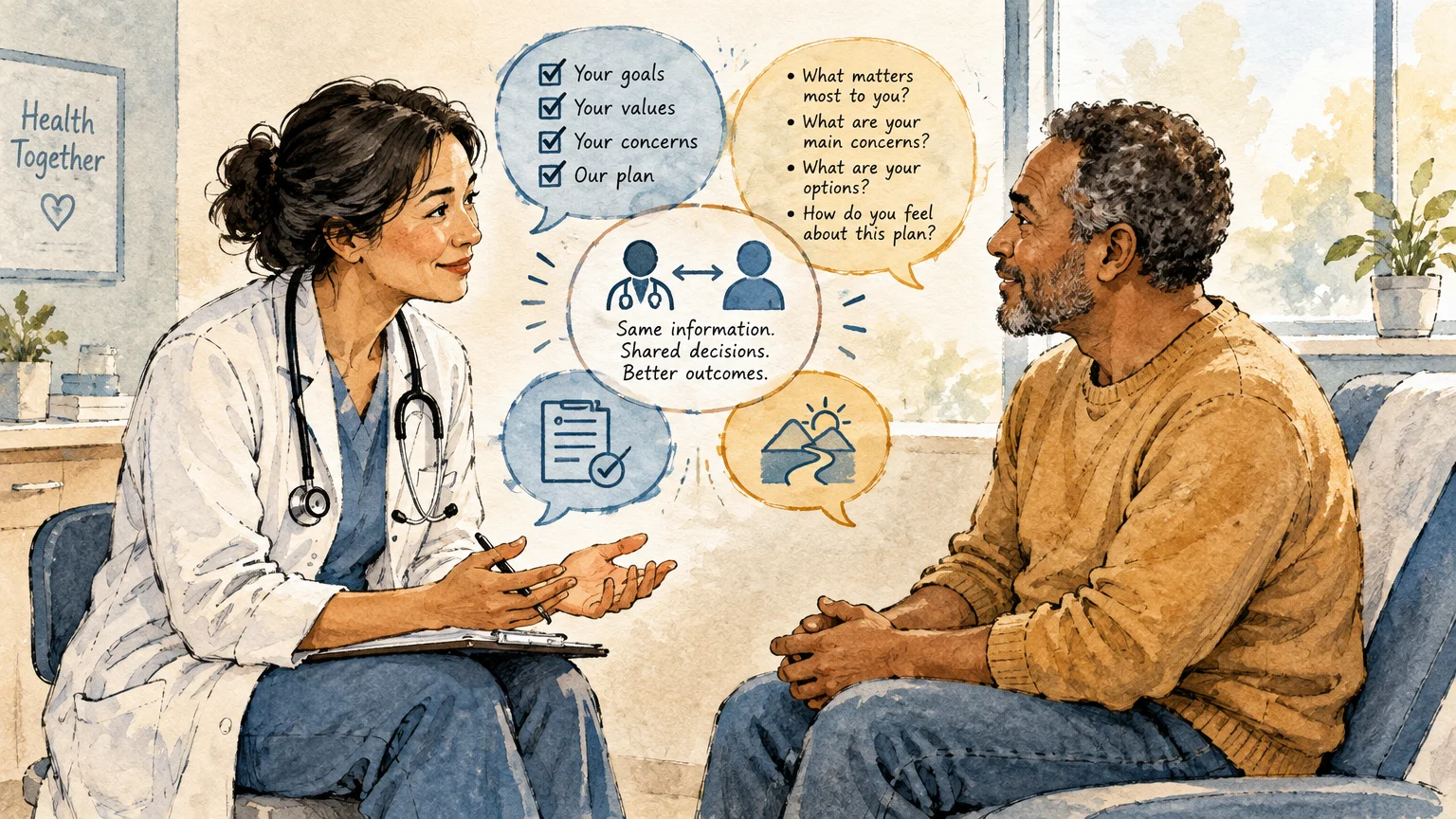 Watercolor illustration of a female doctor talking with a seated senior male patient, surrounded by graphic dialogue icons.