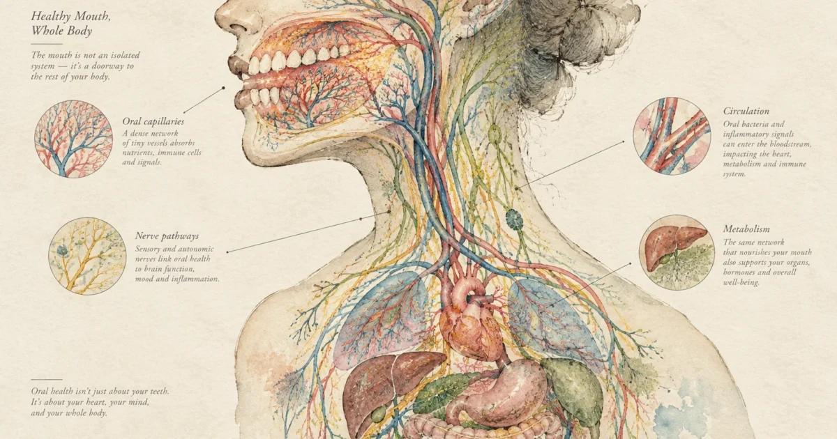 Watercolor anatomical illustration showing blood vessels and nerves connecting the mouth to the heart, lungs, and stomach.