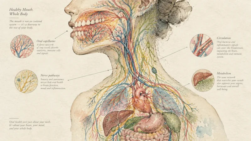 Watercolor anatomical illustration showing blood vessels and nerves connecting the mouth to the heart, lungs, and stomach.