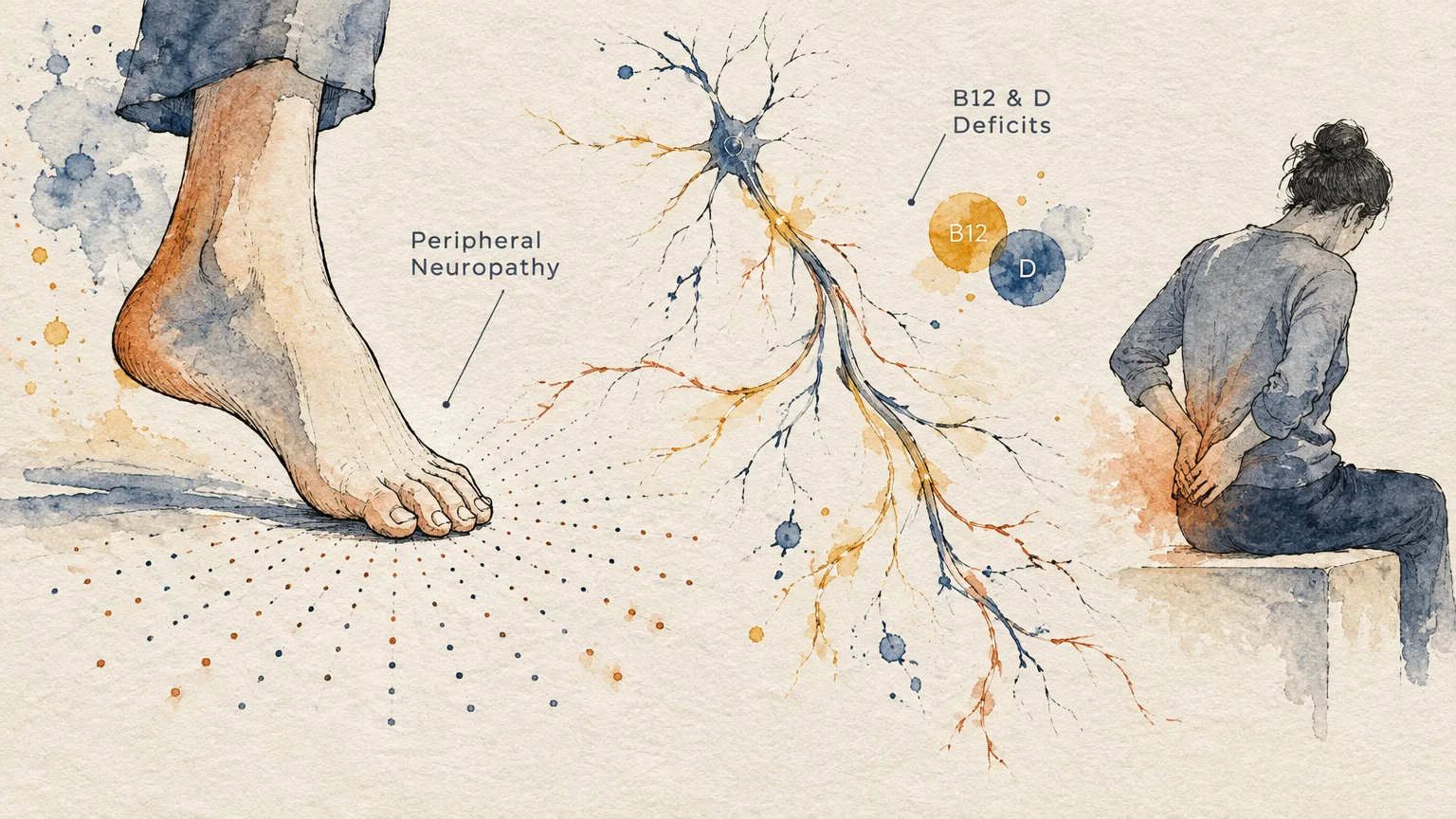 Watercolor illustration of a bare foot stepping over dots, a branching nerve cell, and a seated person holding their back.