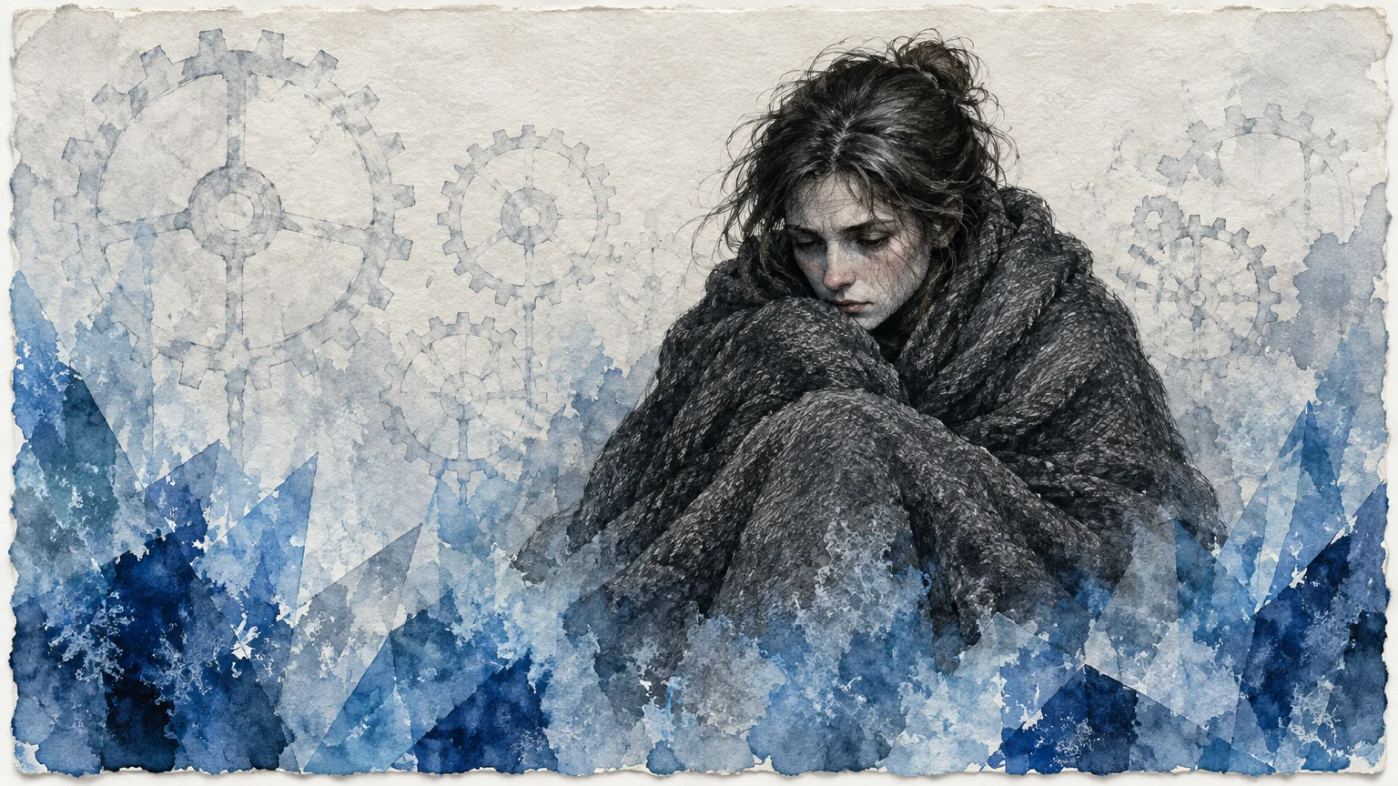 Illustration of a shivering woman wrapped in a dark blanket, surrounded by blue crystalline shapes and faint gears.