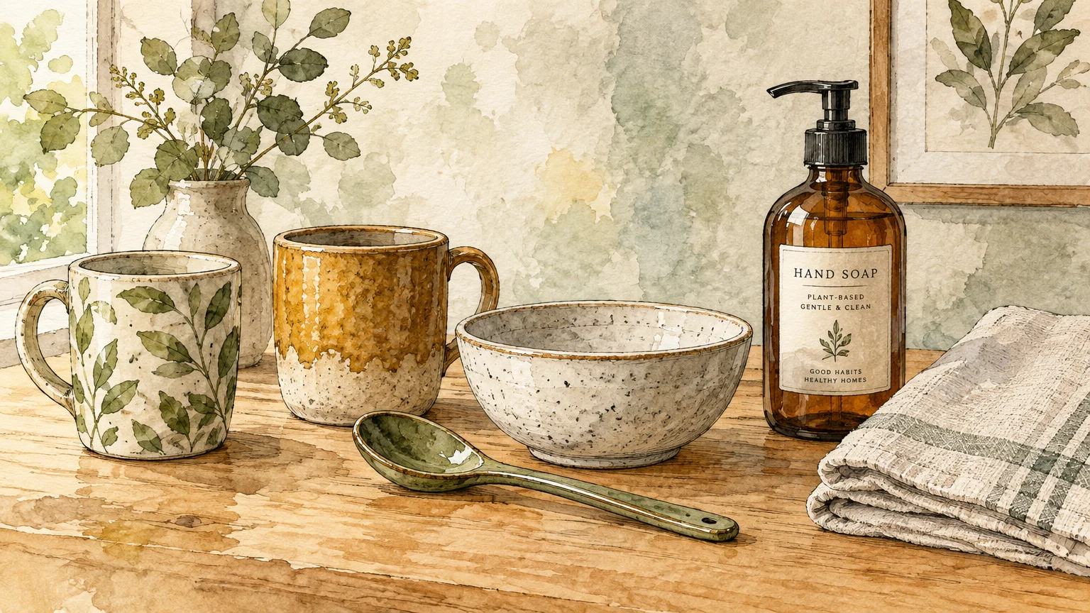Watercolor illustration of ceramic mugs, a bowl, a spoon, folded towel, and an amber hand soap bottle on a counter.