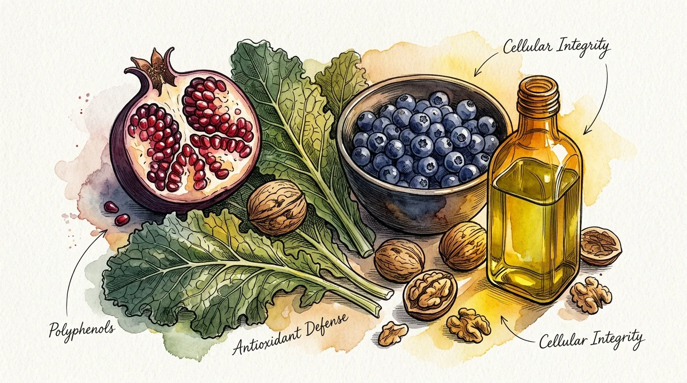 Watercolor illustration of a halved pomegranate, kale leaves, walnuts, a bowl of blueberries, and olive oil.