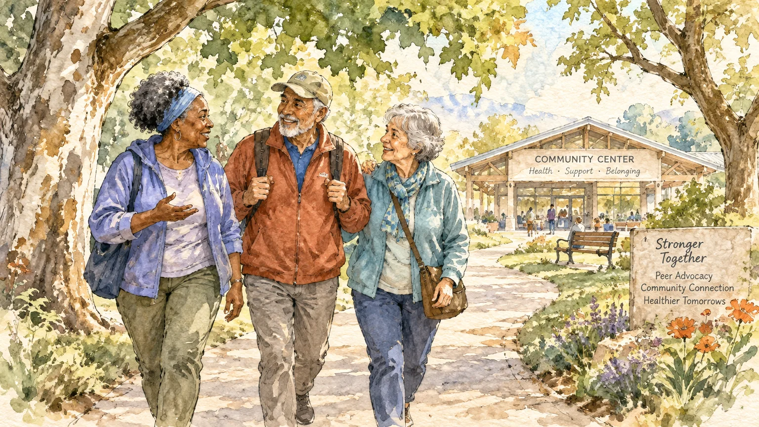 Watercolor illustration of three seniors walking outdoors along a path toward a community center building.