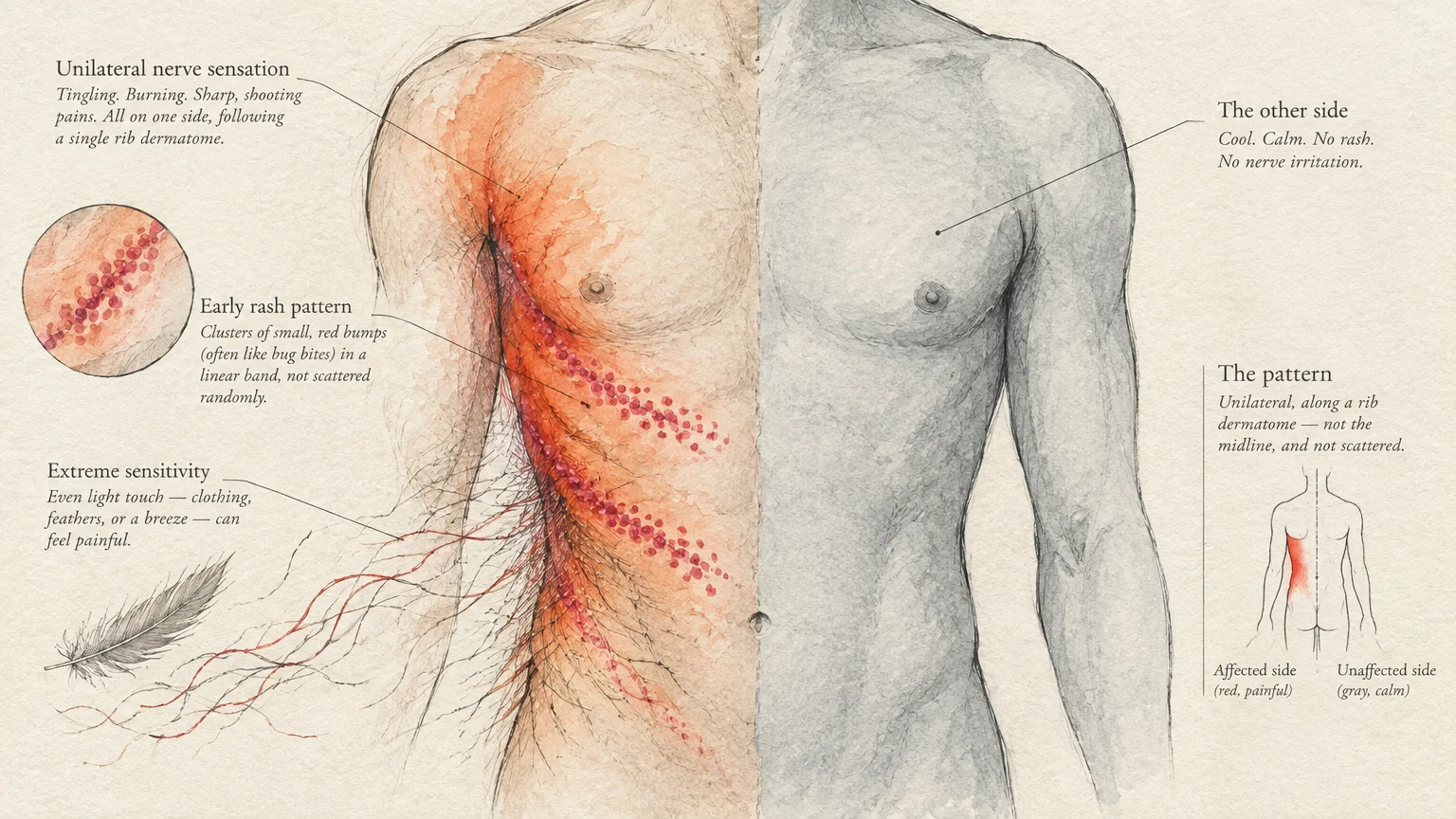 Medical illustration of a male torso showing a red shingles rash along a single rib dermatome on one side.