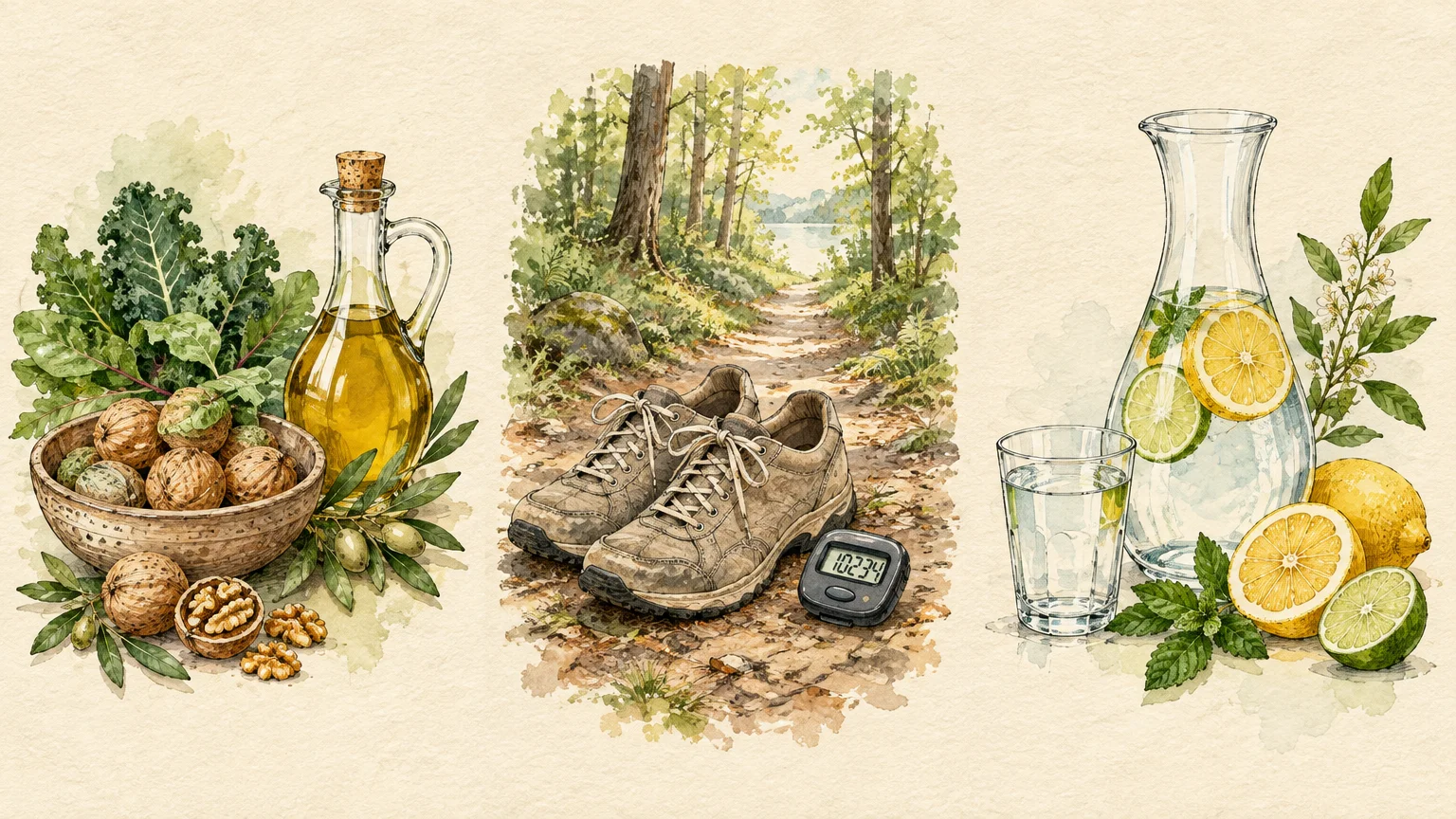 Watercolor illustration showing healthy foods with olive oil, walking shoes on a forest trail, and citrus-infused water.