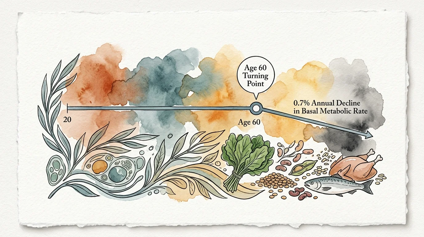 Watercolor infographic showing a timeline where metabolism remains flat from age 20 to 60 and declines after age 60.